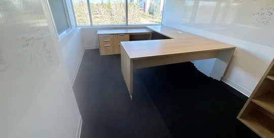 Teknion LH U-Shape Electronic Sit Stand Desk w/Shelf, FF, BBF Ped