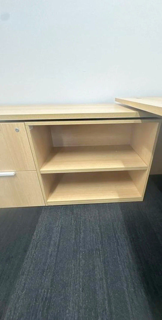 Teknion LH L-Shape Electronic Sit Stand Desk w/Shelf, FF, BBF Ped