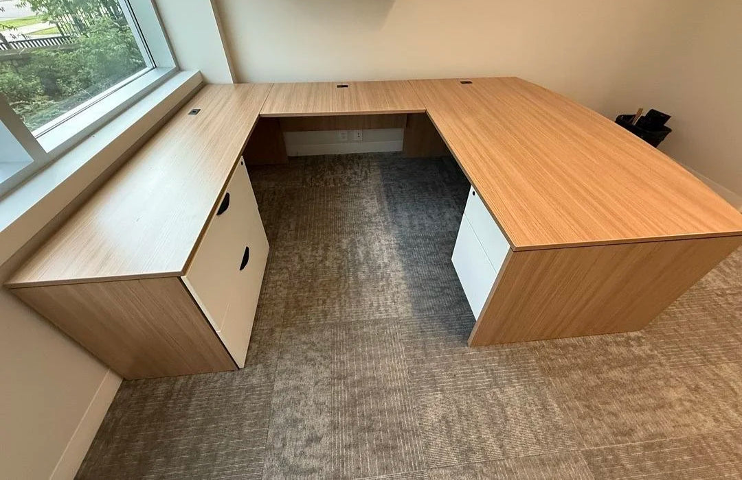 LH Bow Front U-Shape Desk w/BBF Ped, 2 High Lateral (Water Damage)