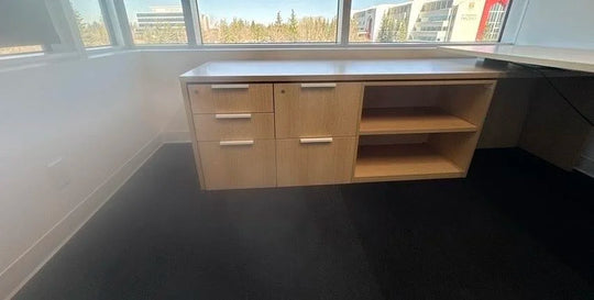 Teknion LH U-Shape Electronic Sit Stand Desk w/Shelf, FF, BBF Ped