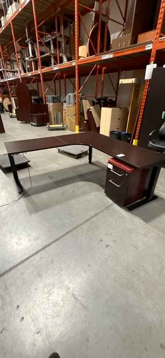 LH L-Shape Electronic Sit Stand Desk w/BF Ped (Surface Damage)