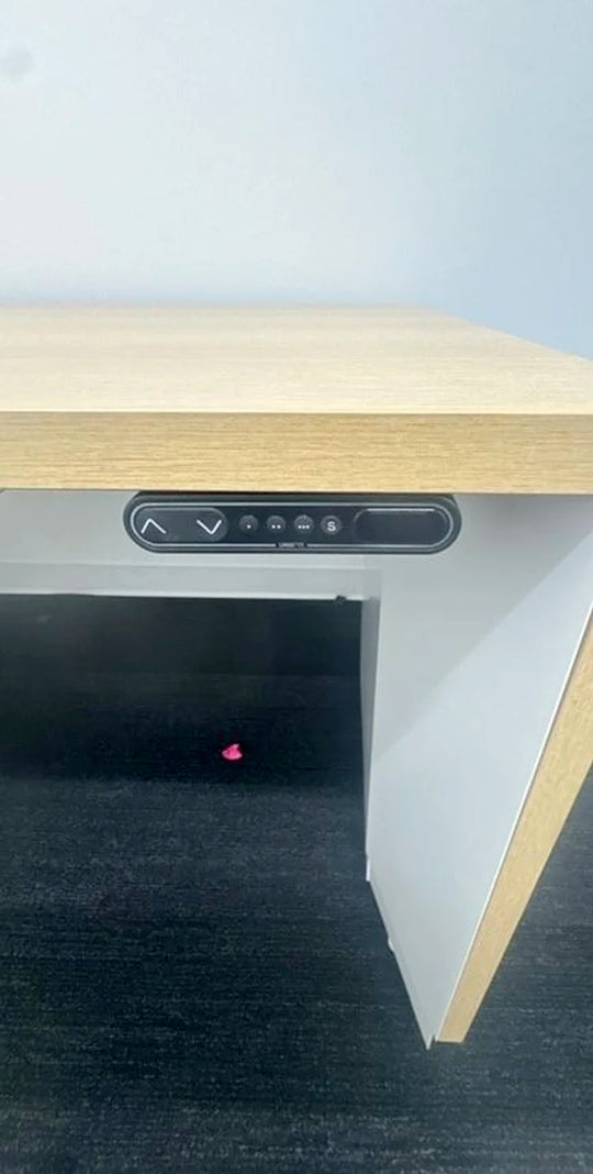 Teknion LH L-Shape Electronic Sit Stand Desk w/Shelf, FF, BBF Ped