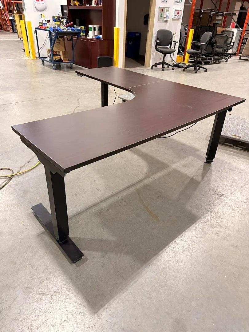 LH L-Shape Electronic Sit Stand Desk w/BF Ped (Surface Damage)