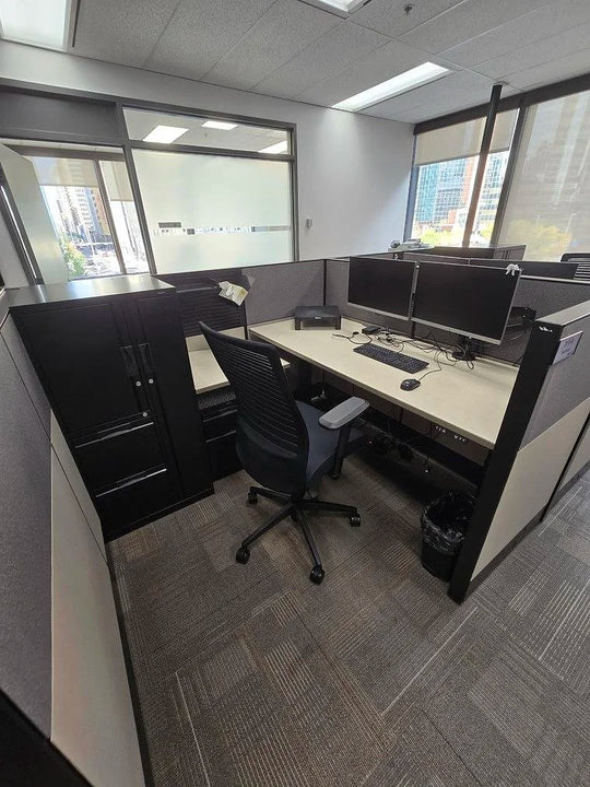 6' x 6.5' Boulevard L-Shape Electronic Sit Stand Workstation w/BF Ped and Combo