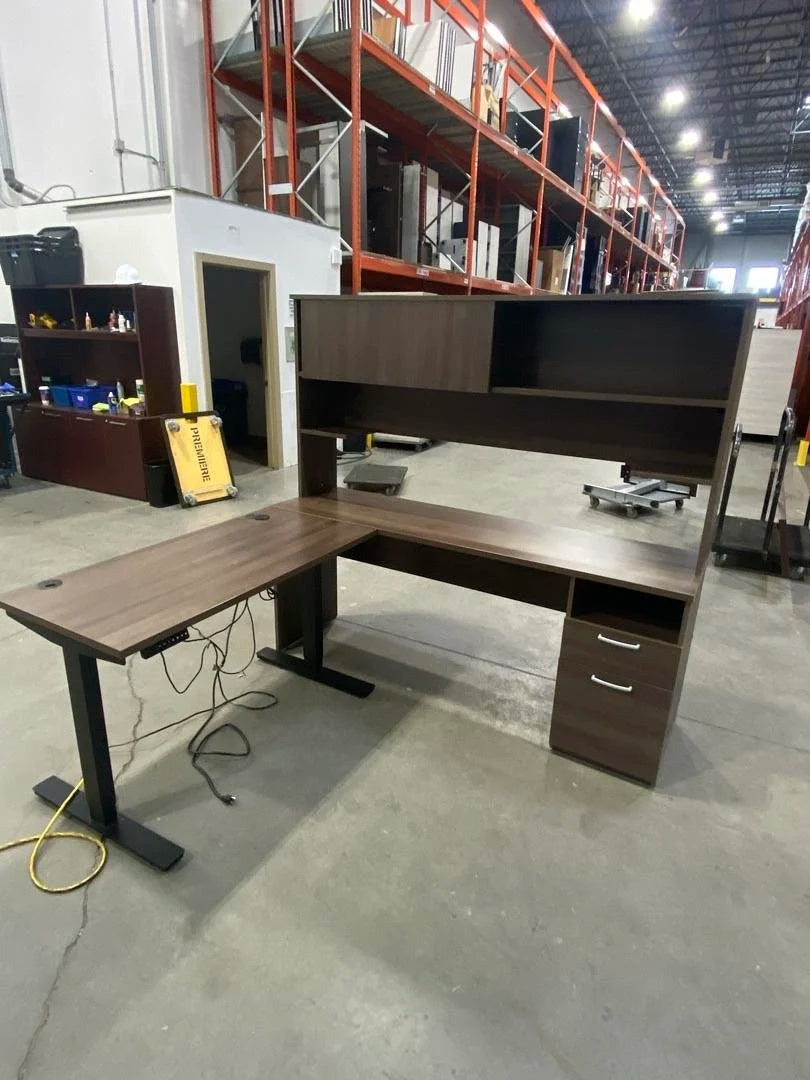 RH L-Shape Electronic Sit Stand Desk w/Hutch, BF Ped