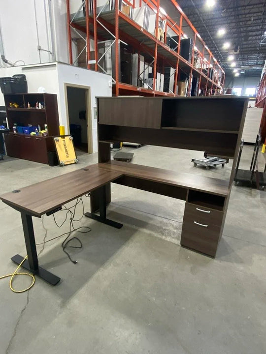 RH L-Shape Electronic Sit Stand Desk w/Hutch, BF Ped