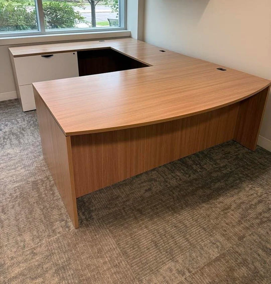 LH Bow Front U-Shape Desk w/BBF Ped, 2 High Lateral (Water Damage)