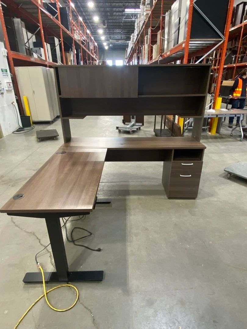 RH L-Shape Electronic Sit Stand Desk w/Hutch, BF Ped